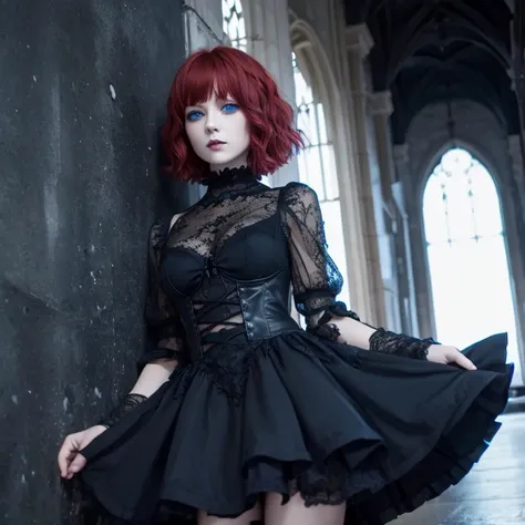 Short red hair and blue eyes。。Black gothic clothing