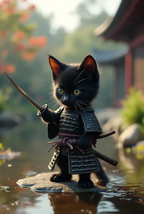 Black kitten dressed as a samurai、Iaido、Realistic、Great impact