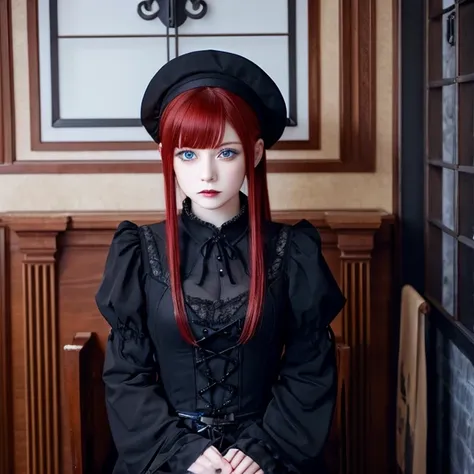 Short red hair and blue eyes。juvenile。Dressed in black gothic clothing、Sitting on the throne。