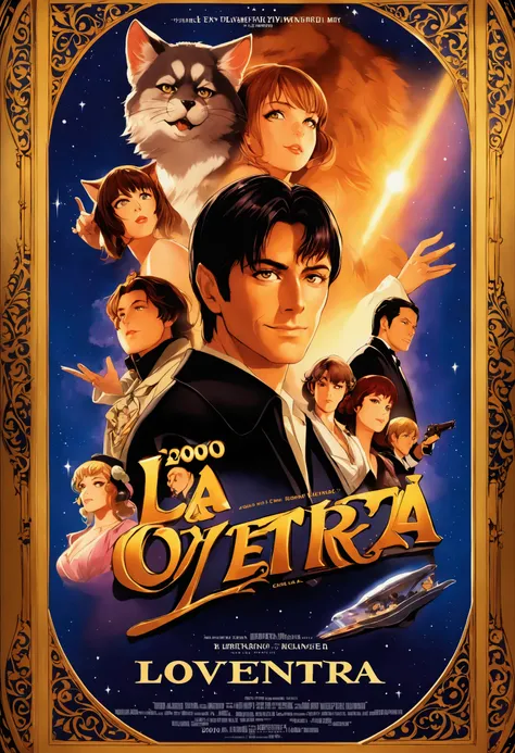 2000 DVD poster art for a romantic movie named "Loventura", kemono,top quality, highres, High-quality illustrations, unparalleled masterpiece, cinematic lighting,