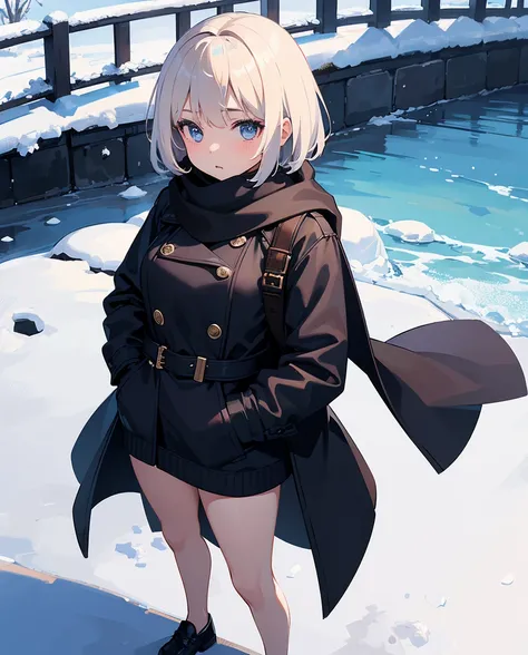 (8k、Best Quality、masterpiece:1.2)、(1 girl:1.0)、(short hair:1.0)、(long coat:1.0)、（sweater:1.0）、(large Breasts:1.0)、(simple background:1.0)、(curvy body:0.7)、(scarf over mouth:1.0)、(from above:1.0)、(full body:1.0)、(snow:1.0)、(winter:1.0)