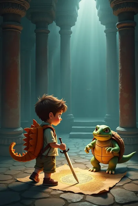 The  brown haired boy,Brown eyes with his orange dinosaur backpack and his talking turtle friend arrived at an ancient Buddhist temple where they found a magic sword and an ancient magic map..  The place had dim lighting that creates a fantasy atmosphere..