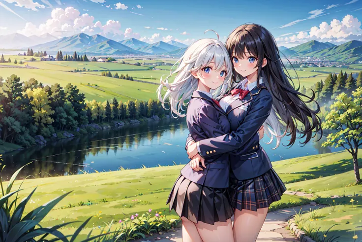 (((Masterpiece, 16k, Highest quality, Ultra-high resolution, Depth of subject))), ((Very detailed, Japanese countryside scenery)), (((High school girl in blazer uniform, 2 people, skirt, Big Breasts))), ((Beautiful girl in great detail, Very accurate body ...