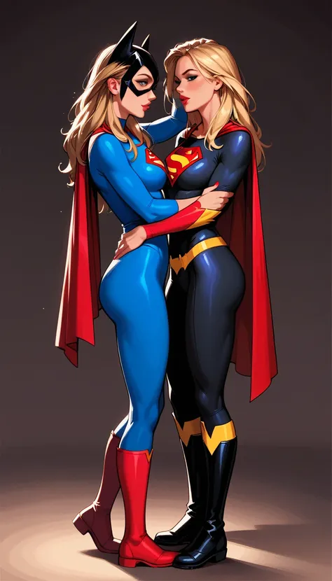 score_9, score_8_up, score_7_up, source_cartoon, 2girls, duo, (supergirl, blonde, wearing animated universe costume:1.3) and (ba...