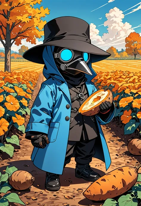 (masterpiece, best quality:1.1), (ultra highres, ultra-detailed:1.2),(flatcolor),chibi-boy,(male Mad-scientist,short hight),((wearing plague-doctor costume,plague-doctor mask)),eyes glow blue,black hoodie and lab-coat, mecha arm,(in Autumn potato field),  ...