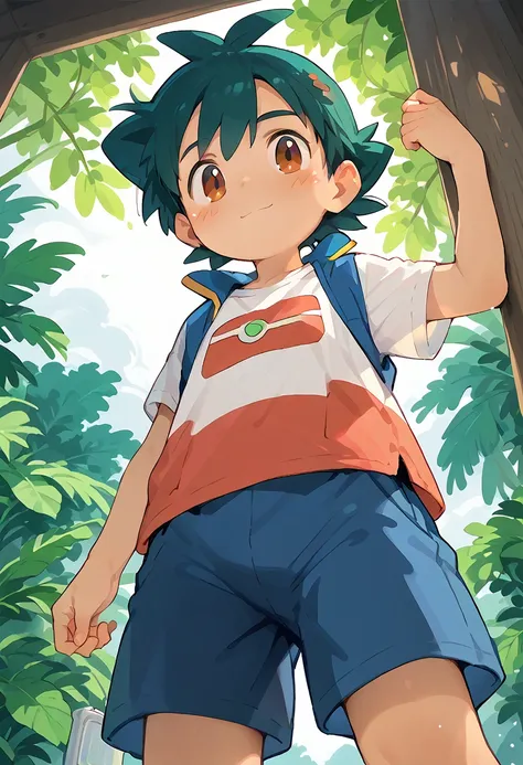 ash ketchum, shota, boy, cute, solo, camp, low angle shot