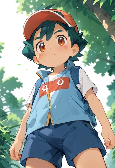 ash ketchum, shota, boy, cute, solo, camp, Low angle shot