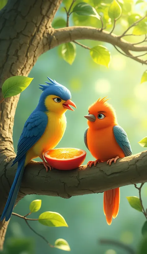 Two birds sitting on a tree among which one is eating fruits and having fun and the second bird is sitting upset on the tree