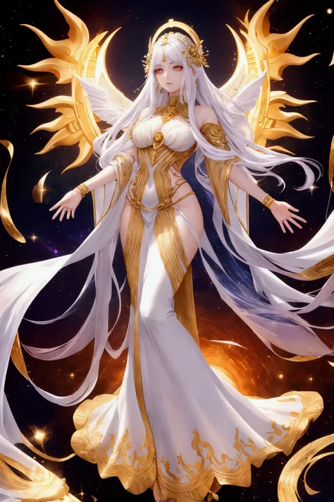 The goddess with golden eyes like the sun, white and galaxy hair, full body.