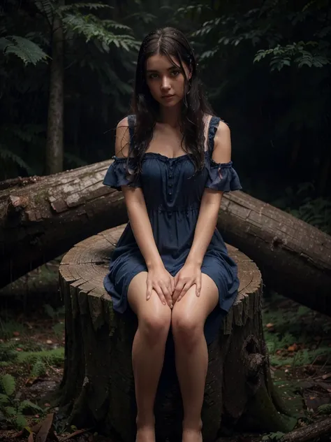 A dark-haired girl with gray eyes sits on a stump in a dark dense forest in the rain in a dark blue dress admires the sky the dress is soaked through a dark-colored eagle sits nearby High resolution, in detail, Ultrahigh definition, 3D rendering, 