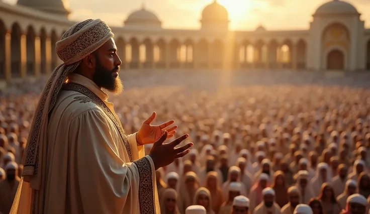 An Islamic scholar stands in the middle and gives a speech with both hands raised.  With a turban on his head and a robe on his body, thousands of spectators are listening to his speech.  I want a picture like this.