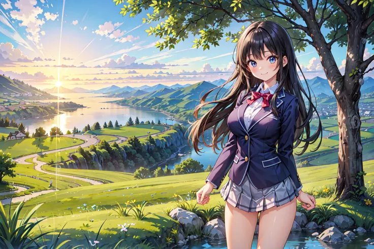 (((Masterpiece, 16k, Highest quality, Ultra-high resolution, Depth of subject))), ((Very detailed, Japanese countryside scenery)), (((High school girl in blazer uniform, 2 people, skirt, Big Breasts))), ((Beautiful girl in great detail, Very accurate body ...