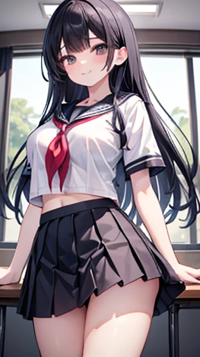 (masterpiece、highest quality、Super detailed)、One girl、Black Hair、Long Hair、Grey Eyes、smile、big breasts、((serafuku))、Short sleeve、((miniskirt))、Cowboy Shot、Classroom Background,大きい胸、