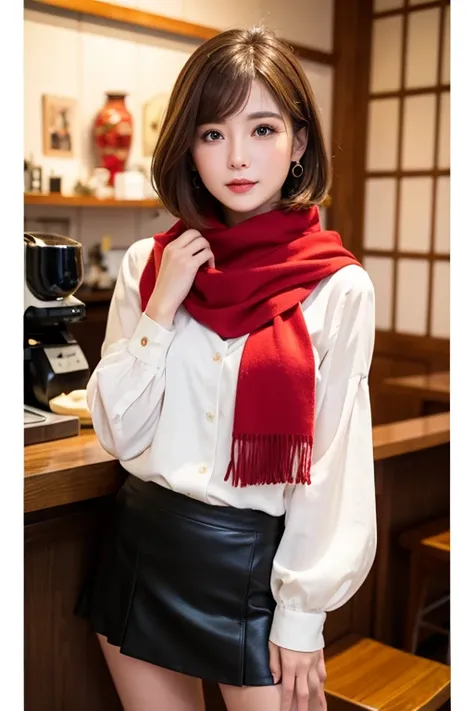 ((Best Quality)), ((masterpiece)), (detailed), One girl, sexy、One Length Bob、Japanese、Brown Hair Color、Background Cafe、Full body portrait、Black knee-length skirt、White blouse、Red scarf、Almond-like eyes、Slanted Eyes、