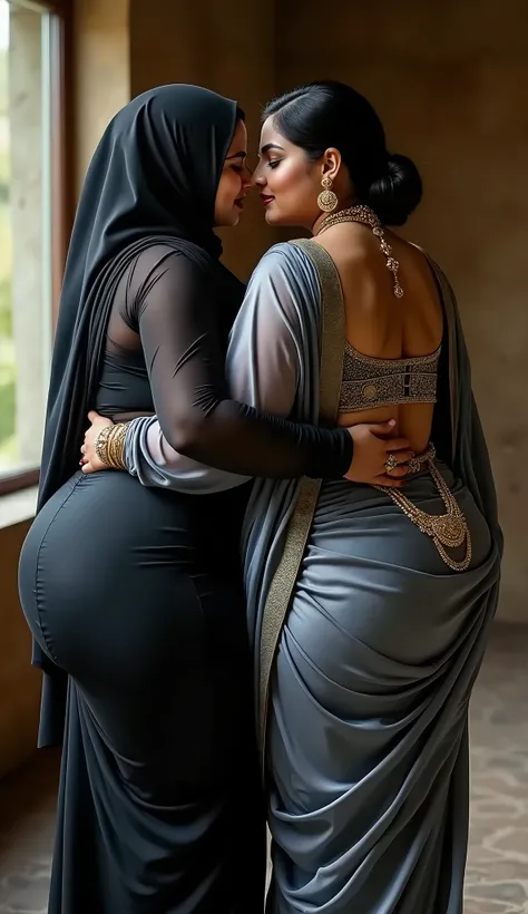 I am 40 year old plus size tall and big giant indian muslim women, looking like indian actress hansika motwani, wearing a tight transparent black shiny silk burqa only,white-skin,white skin tone, beautiful face, red lips, clean skin, celebrity face, thick ...