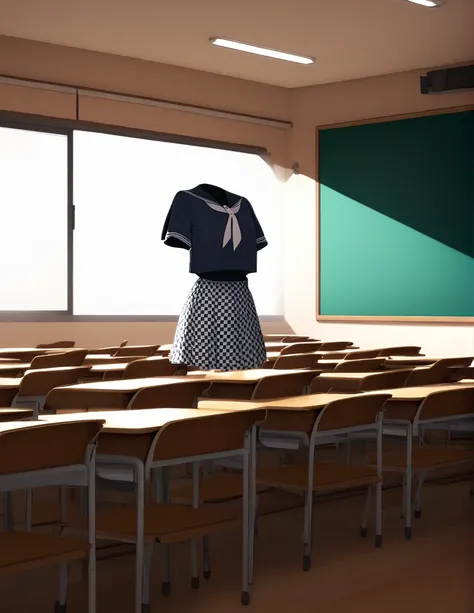 "A school classroom with a neatly arranged uniform floating in the center of the room. The uniform consists of a dark-colored sailor-style top with a white scarf tied at the front and a checkered skirt. The background shows wooden desks, chairs, a chalkboa...