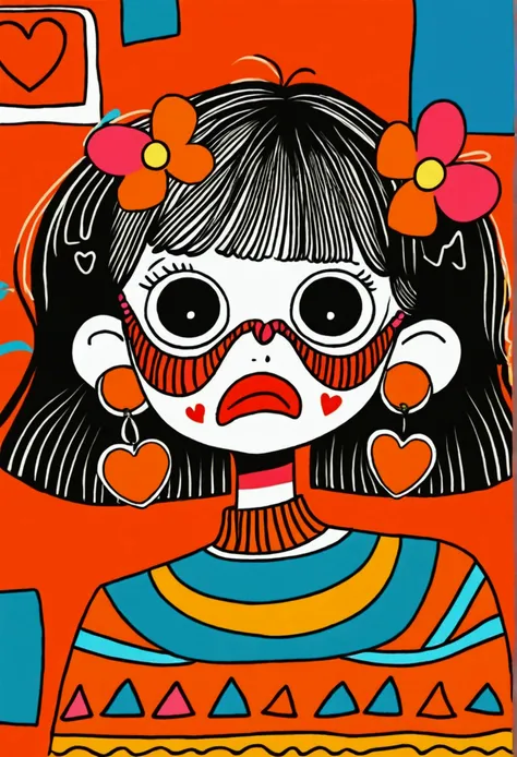 Girl with bangs and cute bob hairstyle, Wearing a funny skull mask，Big eyes，Empty eyes，Pointy ears, Bright red square earrings, Multicolor striped top, Bold geometric design, Standing posture, Expressive cartoon style, Worried expression, Orange background...