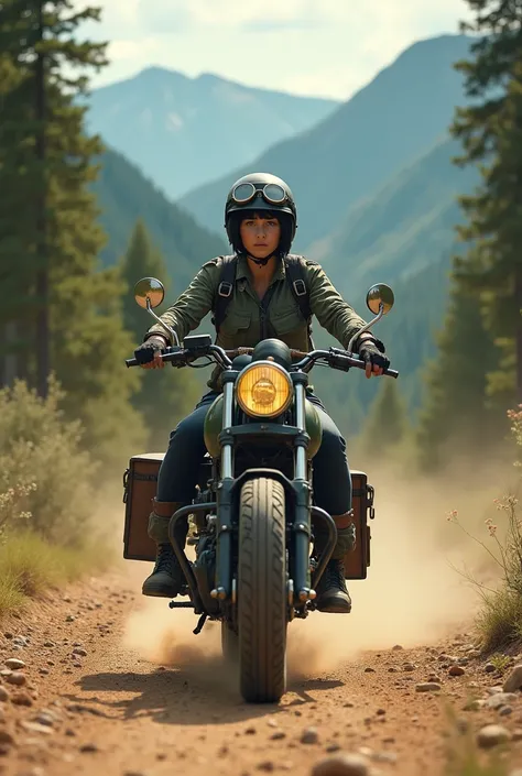 A large wooden sign on the side of the road that reads OR LEATHER　Young woman with short black hair, Beautiful and attractive face, Vintage half helmet and goggles、Wearing a military jacket, Damaged shoes and gloves, A sturdy bike with block tires is speed...