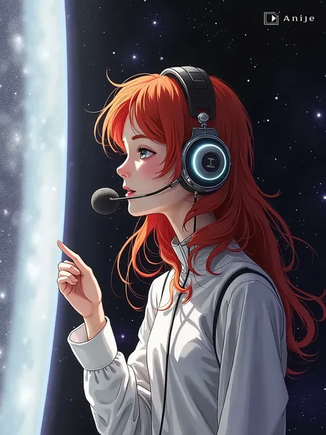 A girl with long, wavy red hair, wearing a headset and a microphone singing in the universe.