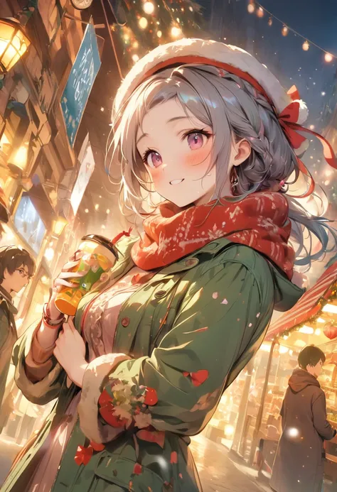 （masterpiece、high quality、High resolution、detailed、８k)、A couple in their 20s（Beautiful Boy and Girl、Pale skin、瞳but美しい、）but、at the christmas market、二人で微笑み合いなbutら、Drinking hot cocoa。They are in love and enjoying their dates。Wearing a warm coat and scarf。外は雪b...