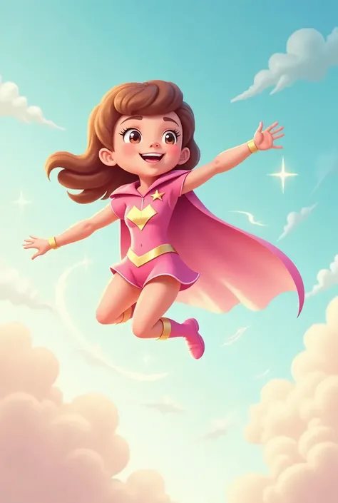 generate for me a heroine, by name super flying. With powers to fly through the sky, light skin, pink clothes.  cartoon style, soft features.