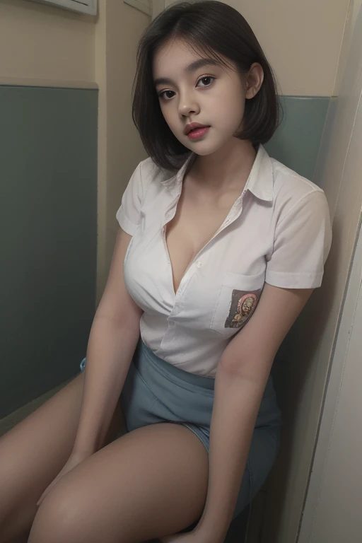 (RAW, Best quality, high resolution, masterpiece: 1.3, Realistic), Beautiful young java woman, 1girl, seductive pose, short bob long hair, sitting, sensual body, big breasts, shirt, cleavage, ((At the toilet class room)), ((whole body)) turning away facial...