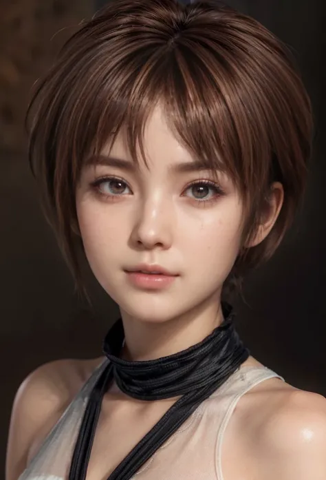 kasumi, eyes browns, (best qualityer, ultra detail), (realisitic:1.37), beautiful and detailed face, ultra-realisitic texture, Exquisite face, Delicate body, red lipgloss stick, shiny colors. High definition, 8k, expression a slight cute smile, red eye mak...