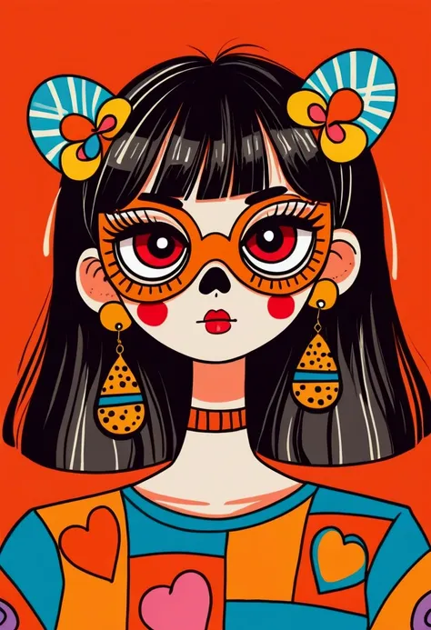 Girl with bangs and cute bob hairstyle, Wearing a funny skull mask，Big eyes，Empty eyes，Pointy ears, Bright red square earrings, Multicolor striped top, Bold geometric design, Standing posture, Expressive cartoon style, Worried expression, Orange background...