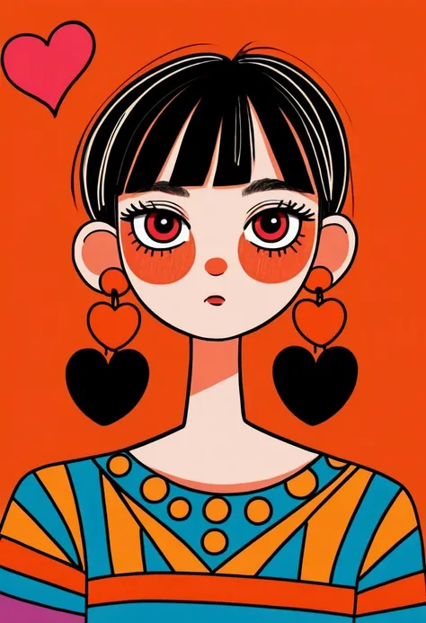 Girl with bangs and cute bob hairstyle, Big eyes，Empty eyes，Pointy ears, Bright red square earrings, Multicolor striped top, Bold geometric design, Standing posture, Expressive cartoon style, Worried expression, Orange background with heart doodles, Vibran...