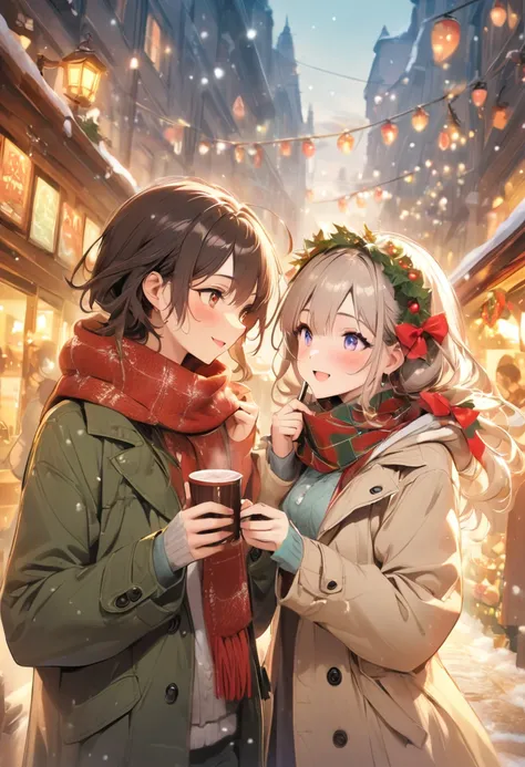 （masterpiece、high quality、High resolution、detailed、８k)、A couple in their 20s（Beautiful working man and woman、Pale skin、beautiful eyes. beautiful hair , high light ), at the christmas market、The two of them look at each other, smiling 、Drinking hot cocoa。Th...