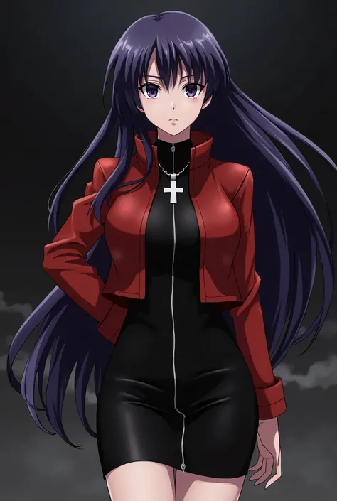 Evangelion、Katsuragi Misato、One woman、cool、Dark purple hair、Center parted bangs、Long Hair、Short-length red jacket outerwear with a stand-up collar、turtleneck、タイトワンピースミニフロントジップ黒インナーturtleneck、white cross necklace