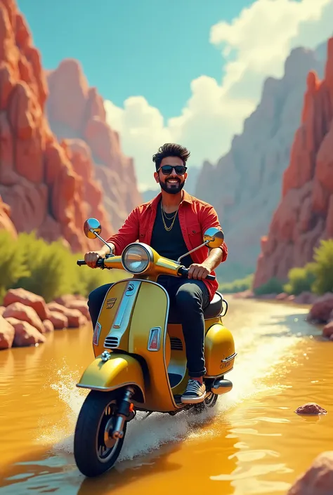 A young indian Man with Smile face Wears Red Casual Open Shirt And Black Tshirt with Black Denim Jeans With Sunglasses, Golden Chain And Casual shoes and He Drive a Scater in the Yellow River with Ruby Crystal Mountain