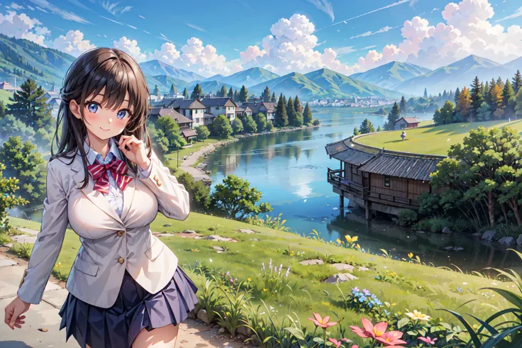 (((Masterpiece, 16k, Highest quality, Ultra-high resolution, Depth of subject))), ((Very detailed, Japanese countryside scenery)), (((High school girl in blazer uniform, 2 people, skirt, Big Breasts))), ((Beautiful girl in great detail, Very accurate body ...