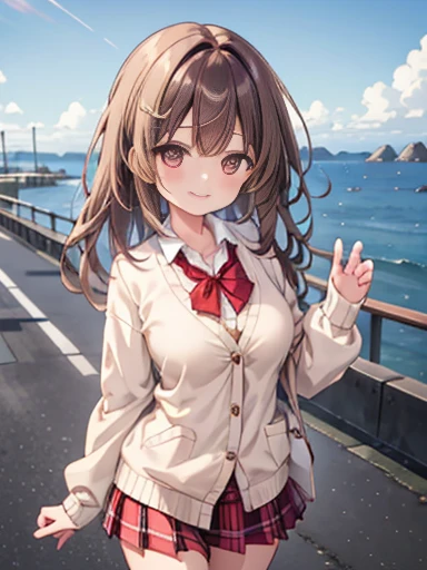 top-quality、Full limbs、complete fingers、Slender beauty、straight haired、brown haired、Beautiful Large Breasts、(Detailed ultra-oily shiny skin:1.1)、oily shiny thighhigh、Shirt with white collar、(Beige cardigan)、Red bow tie、Red plaid miniskirt、Beautiful sister、...