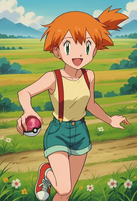 misty_pokemon , berry short,orange hair, one side up hair ,big green eyes,small breasts,skinny , akane's . natural landscape bac...