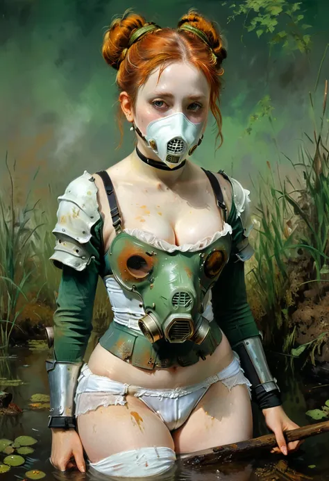 detailed photorealistic image, Exquisite pale dirty white sick lady, (unnatural pale:1.2) skin, rust, bun, (mist:1.2), (gasmask:1.1), (dusk), bronze trimming, warhammer 40k, serene look, toxic swamp, plague decorations, intricate (shoulderpads:1.4), white ...