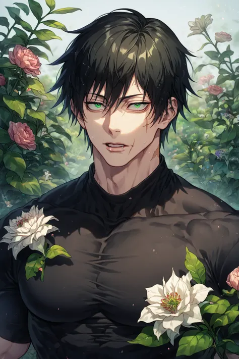 absurdres, highres, ultra detailed, HDR, master piece, detailed face, detailed eyes, Fushiguro Touji, black hair, expressive green eyes, black tight shirt, toned chest, sexy man, best quality, Jujutsu Kaisen, solo, sensual, handsome, adult face, scar on hi...