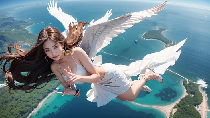 A woman who flies with wings, Soaring in the sky, Floating in the sky, Her body doesn&#39;t touch the ground, Sky view, Beautiful girl with two-meter long hair, Big breasts, Shiny black hair, Very red lips., (หน้าBig Breasts, Big Breasts), (Correct posture...