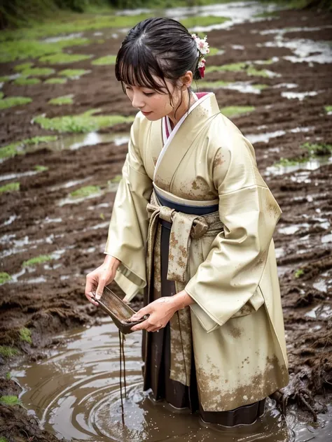 Realistic, furisode, hakama, nagahakama, floral kimono, wet clothes, soaking wet clothes, wet and shiny clothes, clothes with a wet texture, clothes that stick to the body, clothes stained with mud, clothes covered in mud, sinking in muddy water, immersed ...