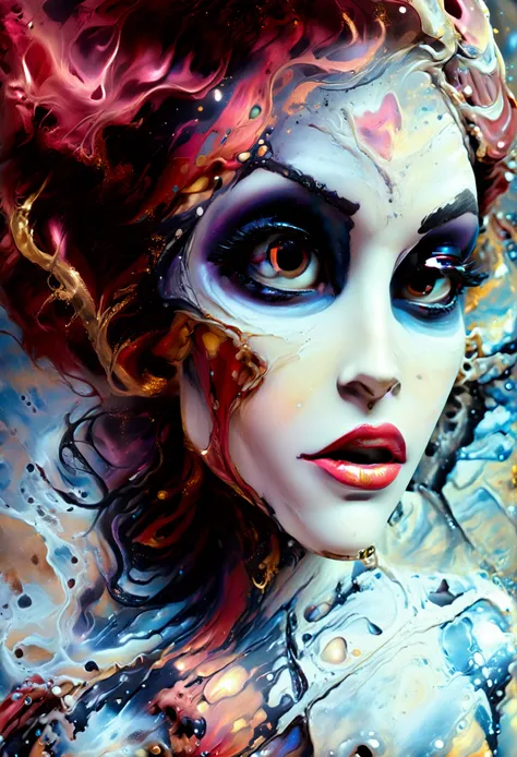 (body formed by galactic liquid mauevine and black metallic paint twisting into a beautiful interpretation of the female figure), au naturel,((complex galactic metallic colours in the foreground)), (( fluid mechanics, the loveliest smooth scale face makeup...