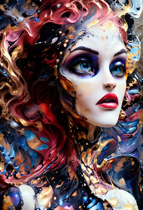 (body formed by galactic liquid mauevine and black metallic paint twisting into a beautiful interpretation of the female figure), au naturel,((complex galactic metallic colours in the foreground)), (( fluid mechanics, the loveliest smooth scale face makeup...