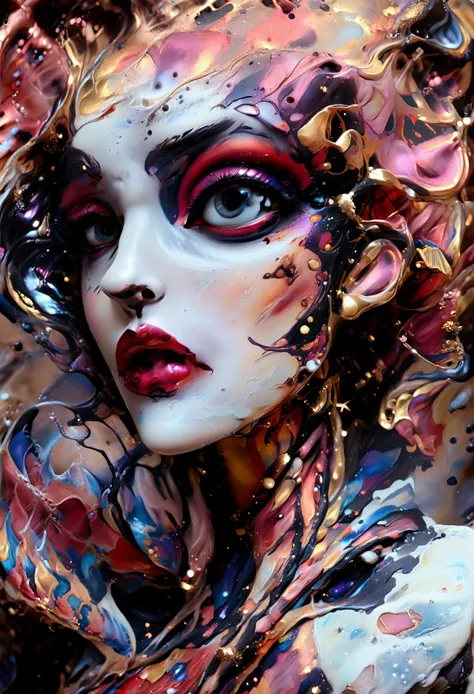 (body formed by galactic liquid mauevine and black metallic paint twisting into a beautiful interpretation of the female figure), au naturel,((complex galactic metallic colours in the foreground)), (( fluid mechanics, the loveliest smooth scale face makeup...