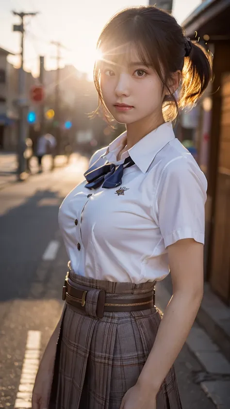 (Best Quality,masterpiece:1.3,Ultra-high resolution),(Super detailed,Caustics,8k),(Realistic:1.4,RAW shooting),1 girl,(Looking down at the camera with an angry face),(Front shot:1.1),(Look forward),1,cute,Japanese,Short black ponytail,School uniform,glamor...