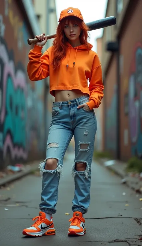 A highly detailed, high-quality photograph of a 1 girl with red hair, dressed as a tough gangster on the streets. She is wearing a bold, edgy outfit, including ripped jeans, a cropped hoodie, and stylish sneakers, all in bright, vibrant colors. She confide...