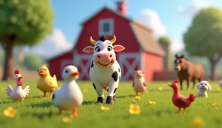 “A Pixar-style 3D animation we see a spotted cow, very feminine, has long eyelashes and is very friendly and cute, cuddly. She is walking in the pasture and mooing a lot, as if she were singing and we also see some happy animals walking around with her. A ...