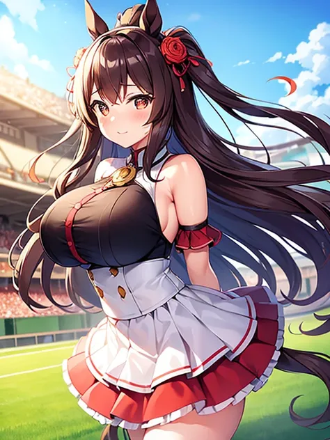 umamusume,huge breasts,racecourse,make a run,sense of movement,Glittering outfits,(revealing clothes),Big and beautiful eyes,horse tail,stooping forward