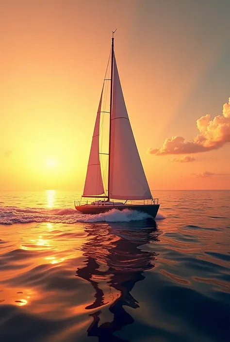 A sailboat sailing at high speed in the rays of the sunset.