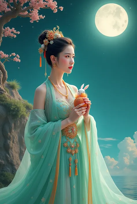 Three-dimensional ancient style, vivid Chinese aesthetics, elegant ancient Chinese fairy, Change holding a mooncake, moon rabbit, starry sky, osmanthus tree, woman in luxurious seven-color rainbow Hanfu on a cliff gazing at the stars, stunning facial featu...