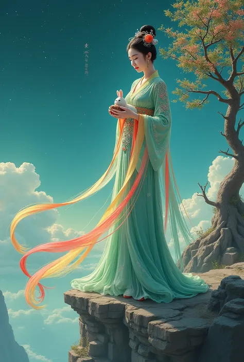 Three-dimensional ancient style, vivid Chinese aesthetics, elegant ancient Chinese fairy, Change holding a mooncake, moon rabbit, starry sky, osmanthus tree, woman in luxurious seven-color rainbow Hanfu on a cliff gazing at the stars, stunning facial featu...