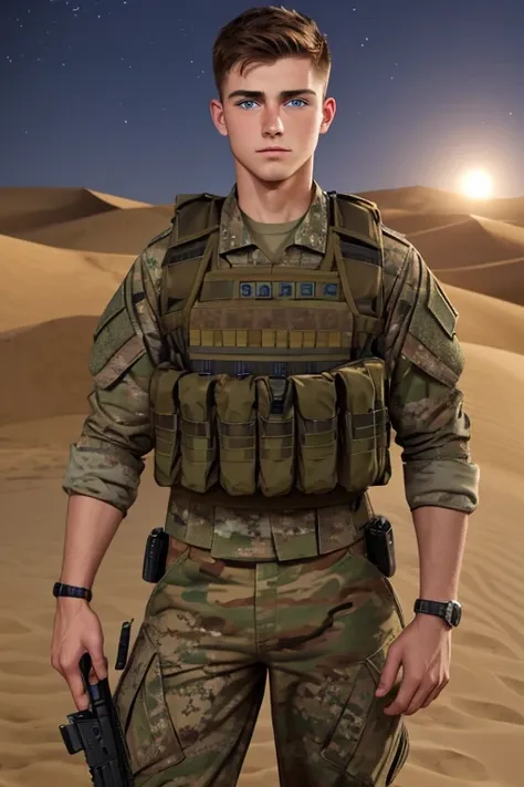 photo realistic. a handsome, twenty-four-year-old, fit caucasian male soldier, with fade-cut, brown hair, and blue eyes, shirtle...